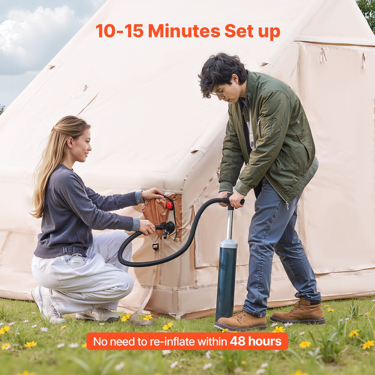 Inflatable Tents for Camping, 3-5 Person Easy Setup Blow up Tent with Hand Pump, 300D Oxford 4 Season Glamping Tent with Canopy, Stove Jack, 2 Doors & 2 Mesh Windows (Storage Bag Included)