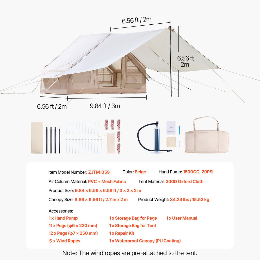 Inflatable Tents for Camping, 3-5 Person Easy Setup Blow up Tent with Hand Pump, 300D Oxford 4 Season Glamping Tent with Canopy, Stove Jack, 2 Doors & 2 Mesh Windows (Storage Bag Included)