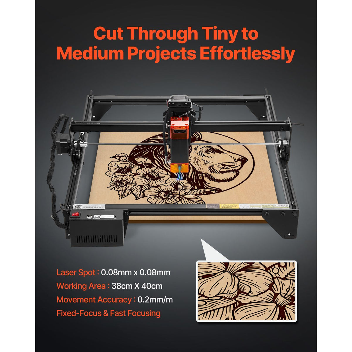 Laser Engraver, 5W Output, Laser Engraving Cutter Machine, 14.9 x 15.7 in/38 x 40 cm Working Area, 10000 mm/min Movement Speed, Compressed Spot with Eye Protection, for Wood, Certain Metal