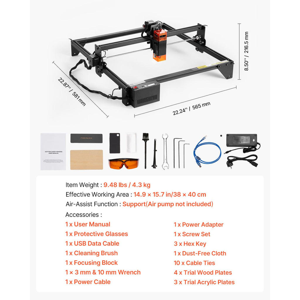 Laser Engraver, 5W Output, Laser Engraving Cutter Machine, 14.9 x 15.7 in/38 x 40 cm Working Area, 10000 mm/min Movement Speed, Compressed Spot with Eye Protection, for Wood, Certain Metal