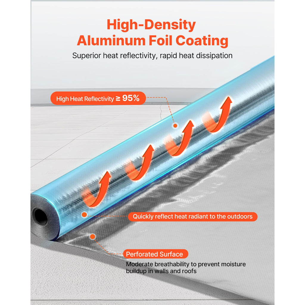 Double Reflective Insulation Roll, Perforated Woven Fabric Radiant Barrier, 0.15mm 76.2m x 1.22m, Double-Sided Aluminum Foil Heat Reflective Shield, Thermal Insulation Roll for Window RV Roof