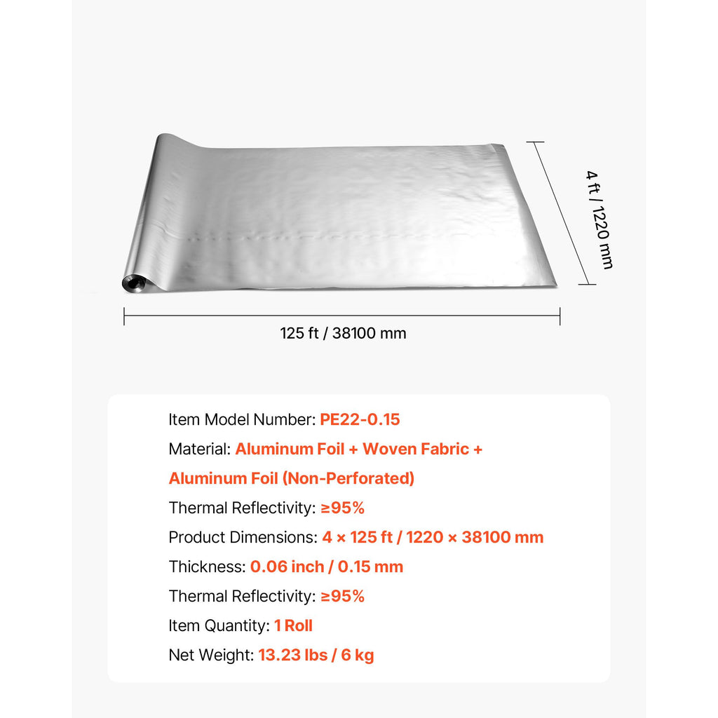 Double Reflective Insulation Roll, Non-Perforated Woven Fabric Radiant Barrier, 0.15mm 38.1m x 1.22m, Double-Sided Aluminum Foil Heat Reflective Shield, Thermal Insulation Roll for Window Roof