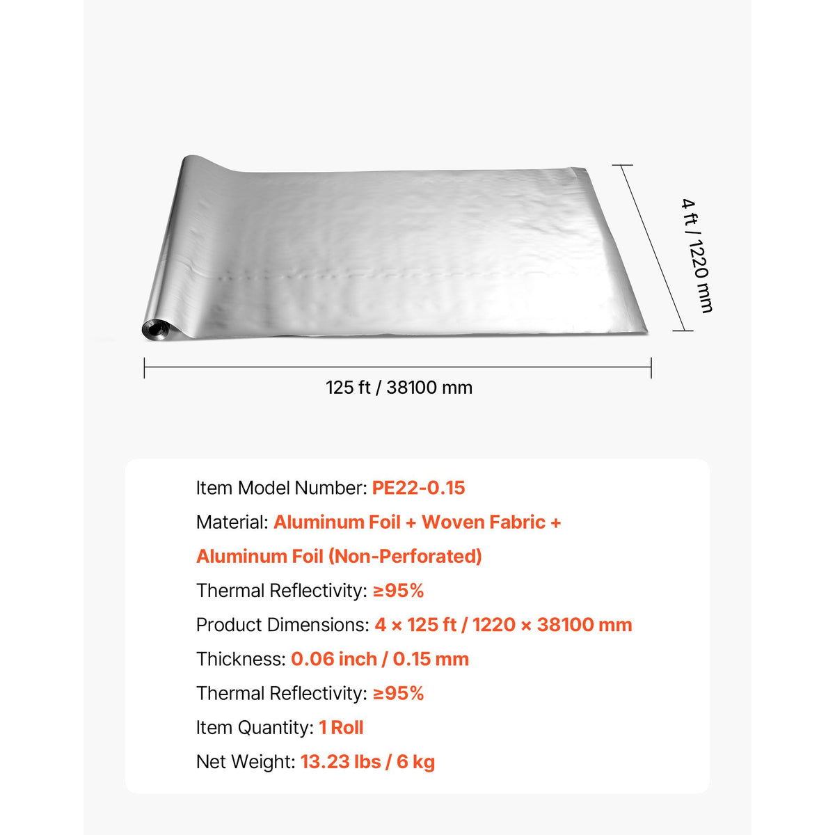 Double Reflective Insulation Roll, Non-Perforated Woven Fabric Radiant Barrier, 0.15mm 38.1m x 1.22m, Double-Sided Aluminum Foil Heat Reflective Shield, Thermal Insulation Roll for Window Roof