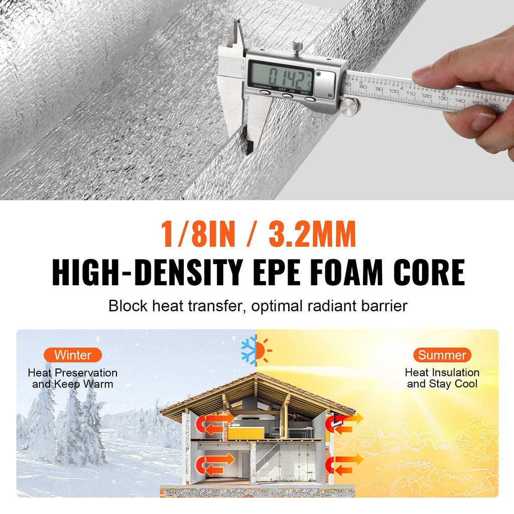 Double Reflective Insulation Roll, Foam Core Radiant Barrier, 3.2 mm 48 in x 50 ft, Double-Sided Aluminum Foil EPE Foam Heat Reflective Shield, Thermal Insulation Roll for Window RV Roof