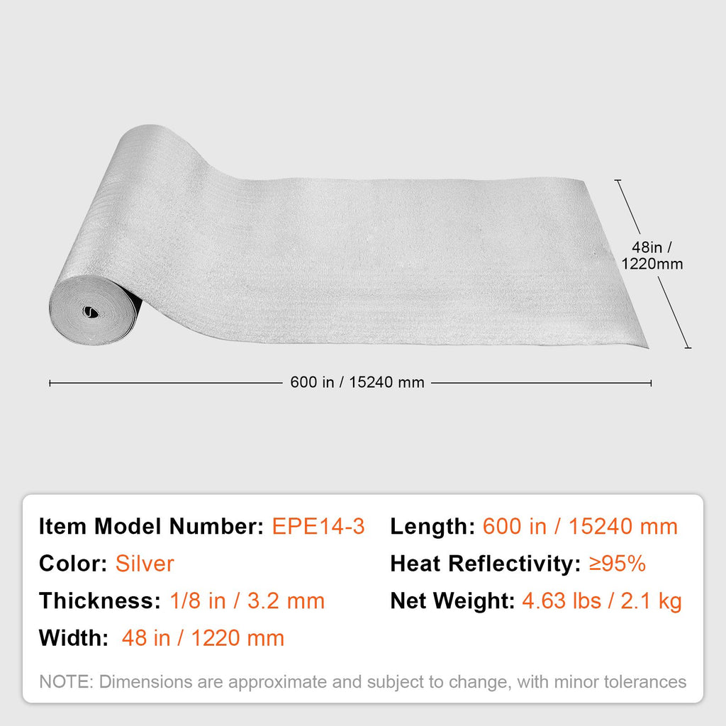 Double Reflective Insulation Roll, Foam Core Radiant Barrier, 3.2 mm 48 in x 50 ft, Double-Sided Aluminum Foil EPE Foam Heat Reflective Shield, Thermal Insulation Roll for Window RV Roof