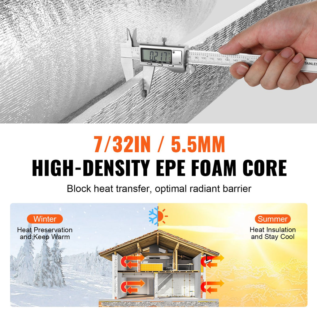 Double Reflective Insulation Roll, Foam Core Radiant Barrier, 5.5mm 48 in x 50 ft, Double-Sided Aluminum Foil EPE Foam Heat Reflective Shield, Thermal Insulation Roll for Window RV Roof