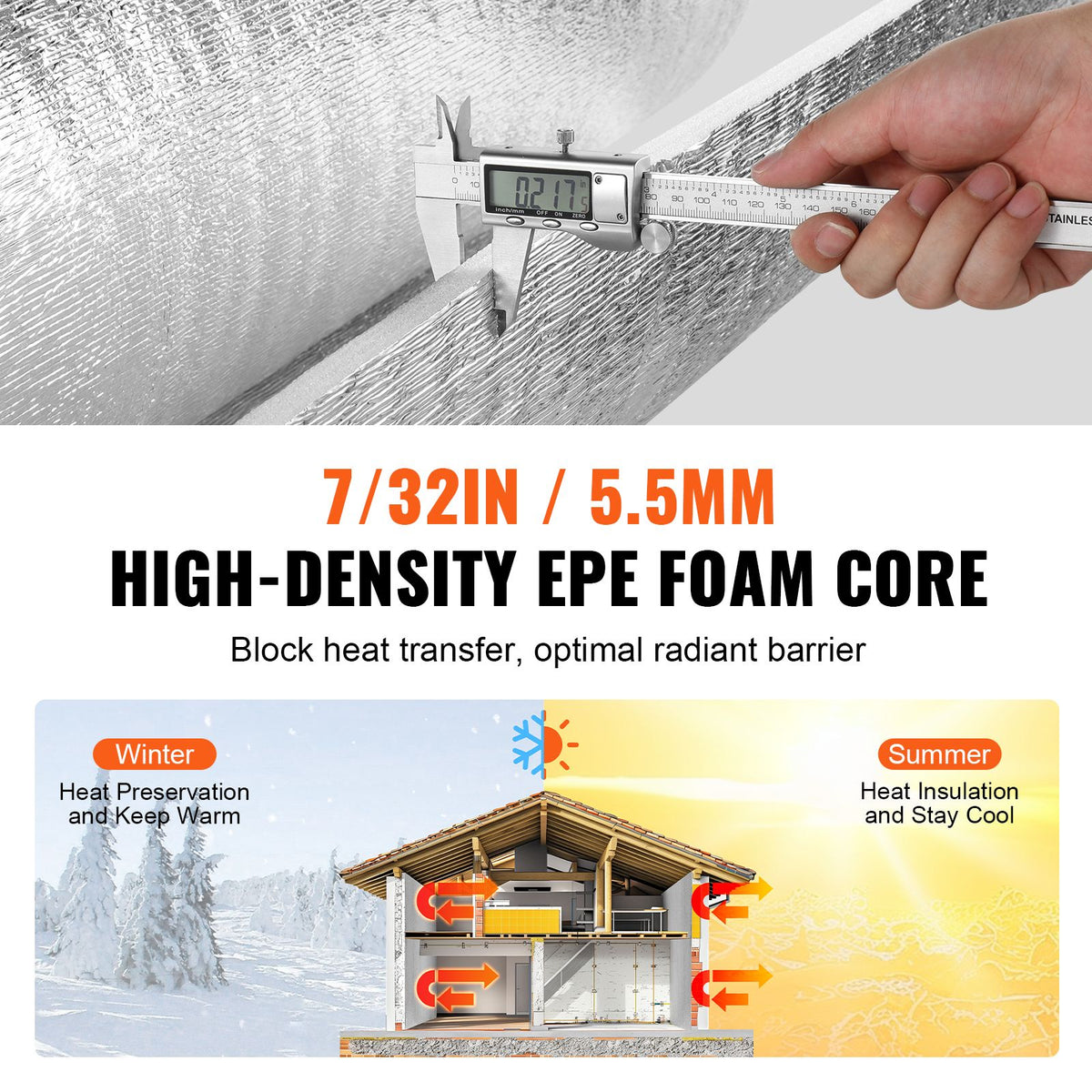 Double Reflective Insulation Roll, Foam Core Radiant Barrier, 5.5mm 48 in x 50 ft, Double-Sided Aluminum Foil EPE Foam Heat Reflective Shield, Thermal Insulation Roll for Window RV Roof