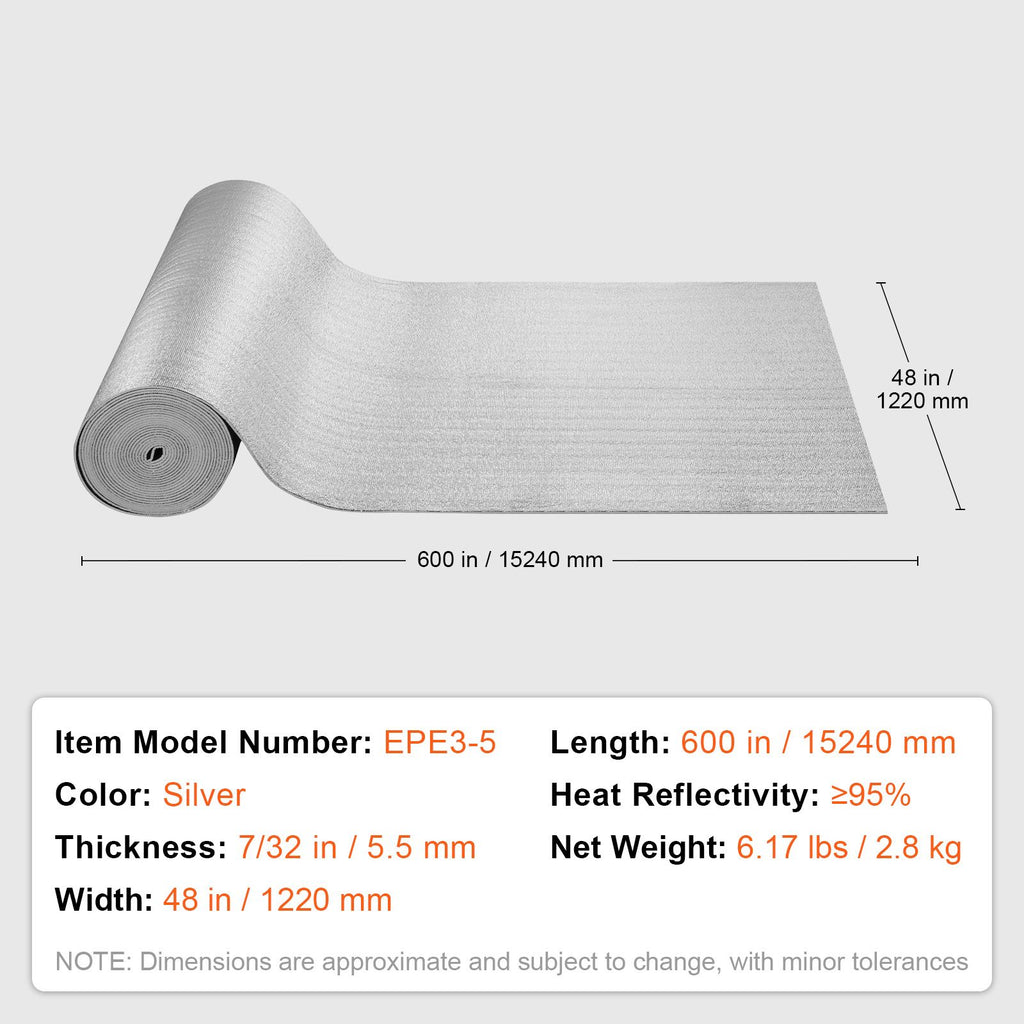 Double Reflective Insulation Roll, Foam Core Radiant Barrier, 5.5mm 48 in x 50 ft, Double-Sided Aluminum Foil EPE Foam Heat Reflective Shield, Thermal Insulation Roll for Window RV Roof
