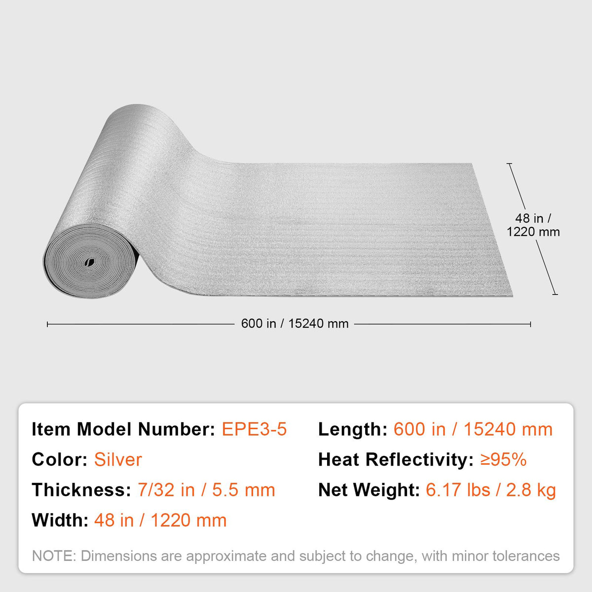 Double Reflective Insulation Roll, Foam Core Radiant Barrier, 5.5mm 48 in x 50 ft, Double-Sided Aluminum Foil EPE Foam Heat Reflective Shield, Thermal Insulation Roll for Window RV Roof