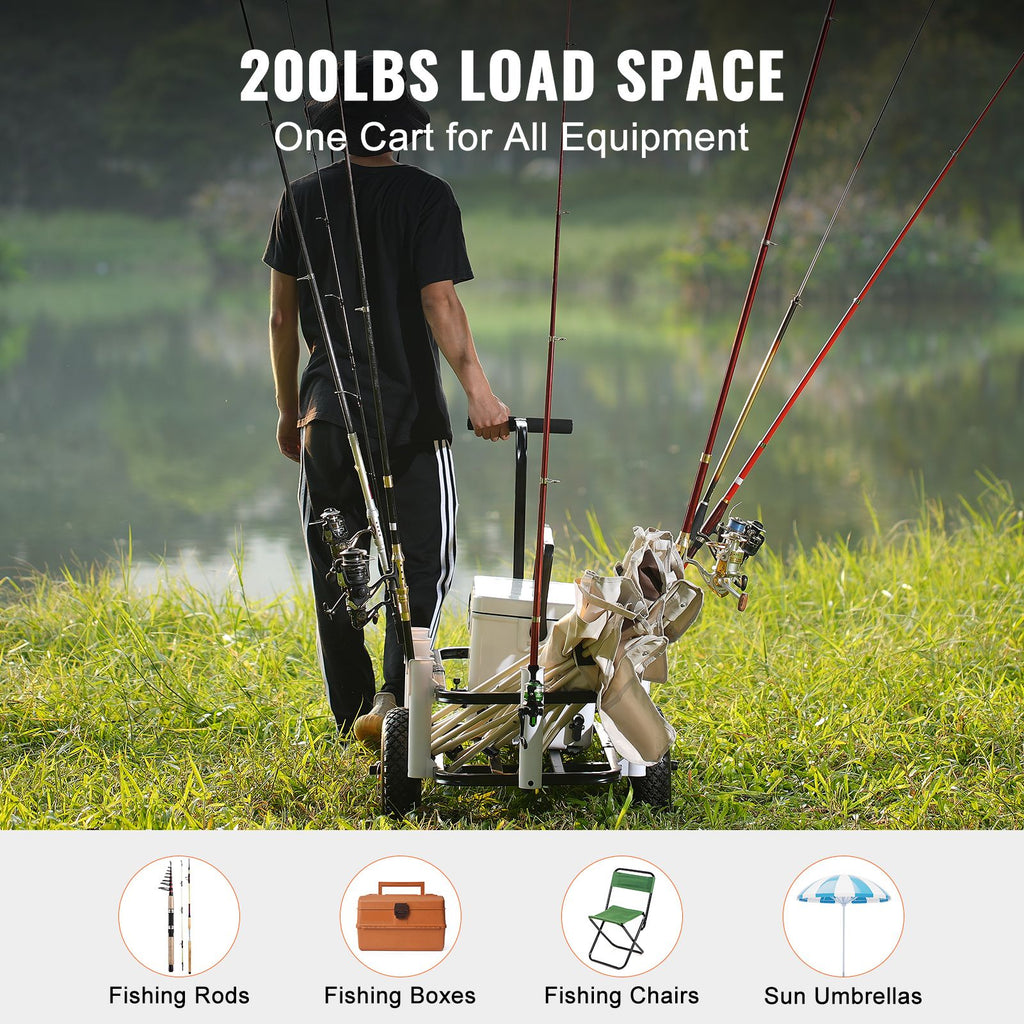 Beach Fishing Cart, 91 kg Load Capacity, Fish and Marine Cart with Two 275 mm Big Wheels Rubber Balloon Tires for Sand, Heavy-Duty Steel Pier Wagon Trolley with 7 Rod Holders for Fishing, Picnic