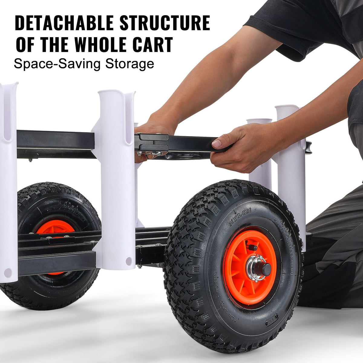 Beach Fishing Cart, 91 kg Load Capacity, Fish and Marine Cart with Two 275 mm Big Wheels Rubber Balloon Tires for Sand, Heavy-Duty Steel Pier Wagon Trolley with 7 Rod Holders for Fishing, Picnic
