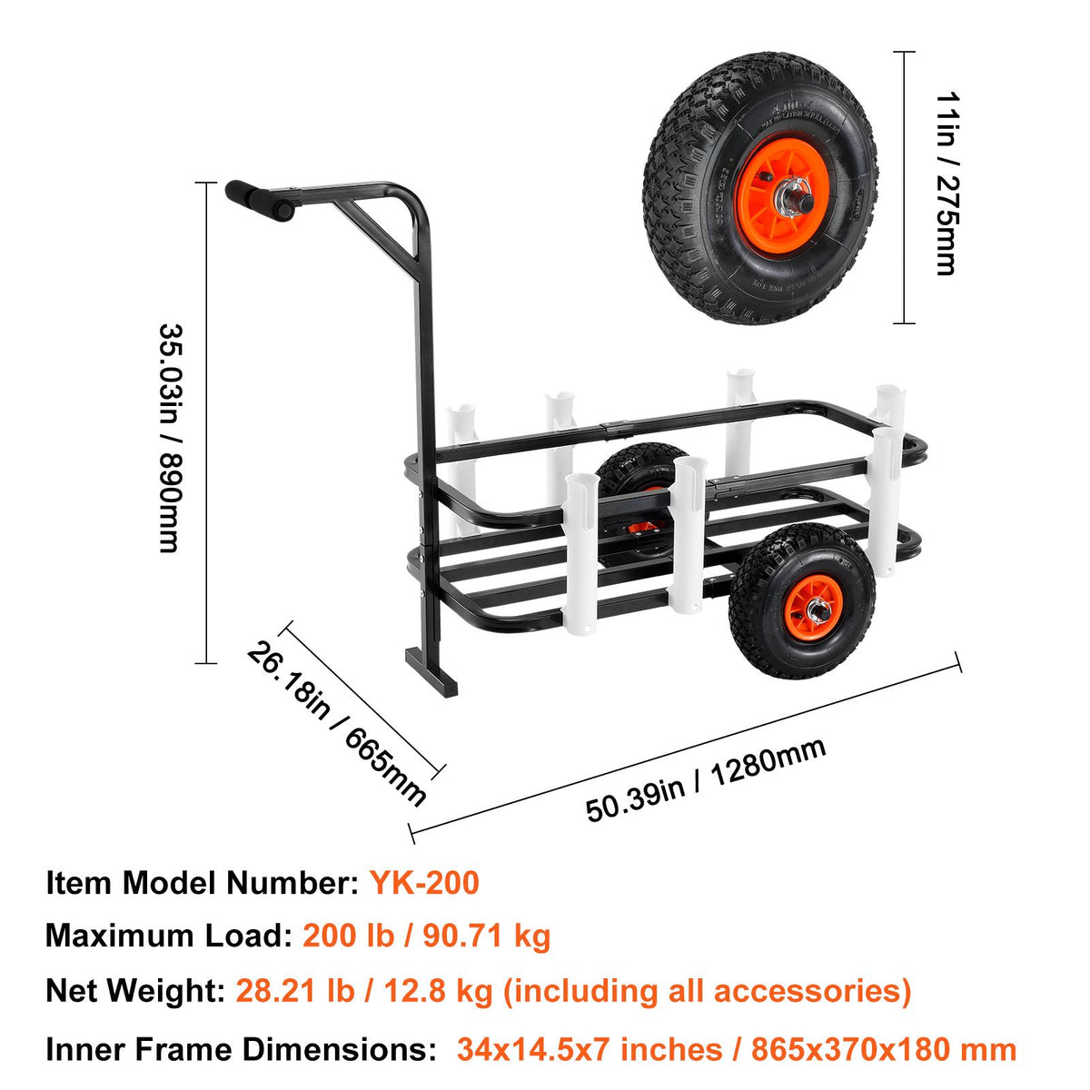 Beach Fishing Cart, 91 kg Load Capacity, Fish and Marine Cart with Two 275 mm Big Wheels Rubber Balloon Tires for Sand, Heavy-Duty Steel Pier Wagon Trolley with 7 Rod Holders for Fishing, Picnic