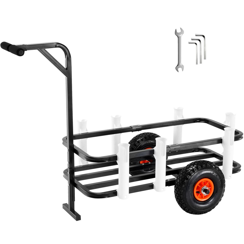 Beach Fishing Cart, 91 kg Load Capacity, Fish and Marine Cart with Two 275 mm Big Wheels Rubber Balloon Tires for Sand, Heavy-Duty Steel Pier Wagon Trolley with 7 Rod Holders for Fishing, Picnic
