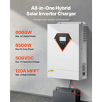 Hybrid Solar Inverter, 6000W, All in One Pure Sine Wave Power Inverter Charger, 220V AC, with Built-in 120A MPPT Solar Charger Controller, for Off-Grid System Lead Acid Lithium Battery