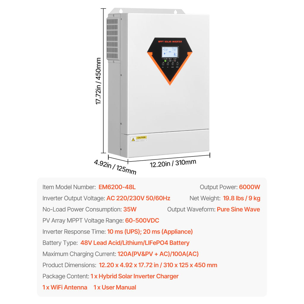 Hybrid Solar Inverter, 6000W, All in One Pure Sine Wave Power Inverter Charger, 220V AC, with Built-in 120A MPPT Solar Charger Controller, for Off-Grid System Lead Acid Lithium Battery