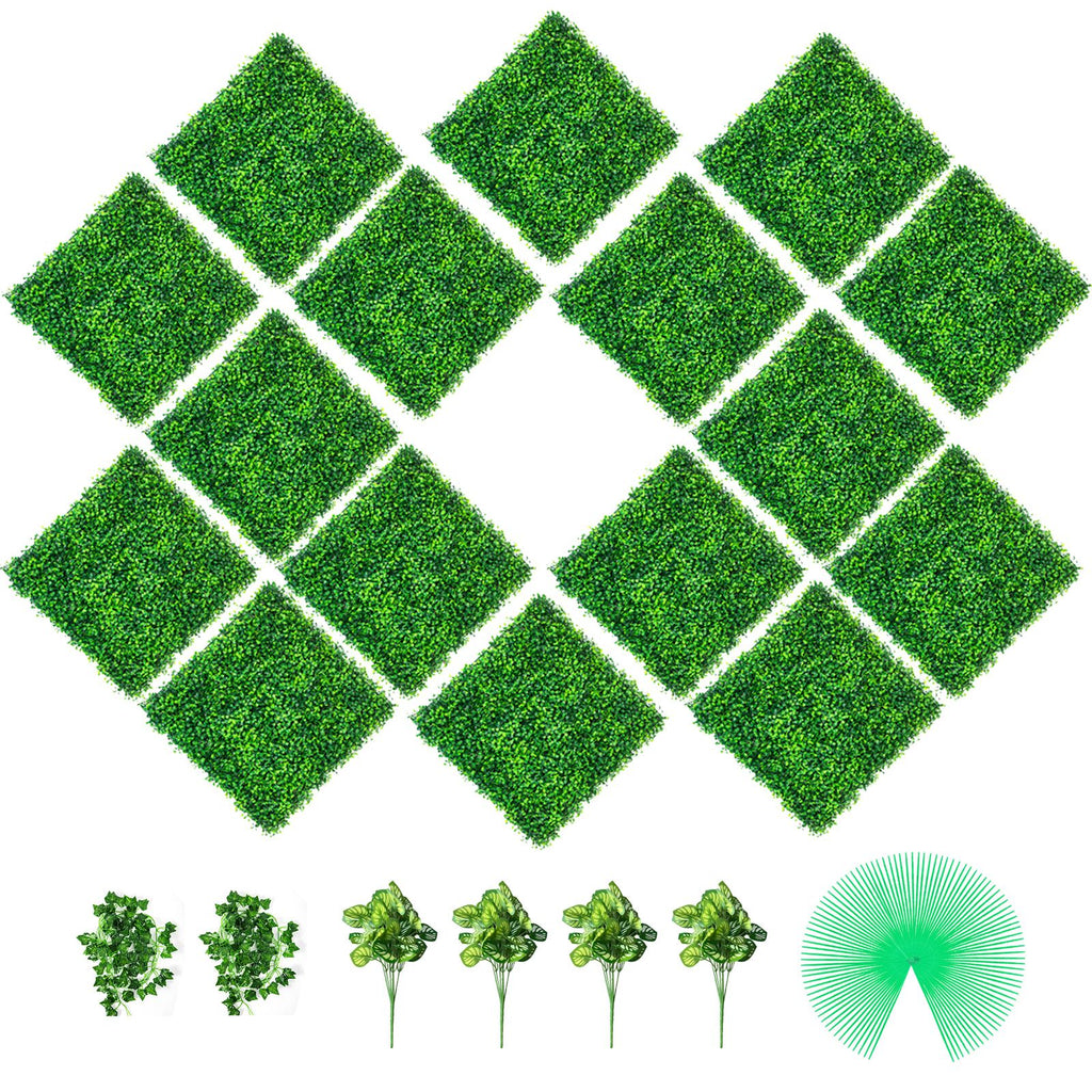 Artificial Boxwood Panels, 16 PCS 20"x20" Boxwood Hedge Wall Panels, PE Artificial Grass Backdrop Wall 1.6\", Privacy Hedge Screen for Decoration of Outdoor, Indoor, Garden, Fence, and Backyar