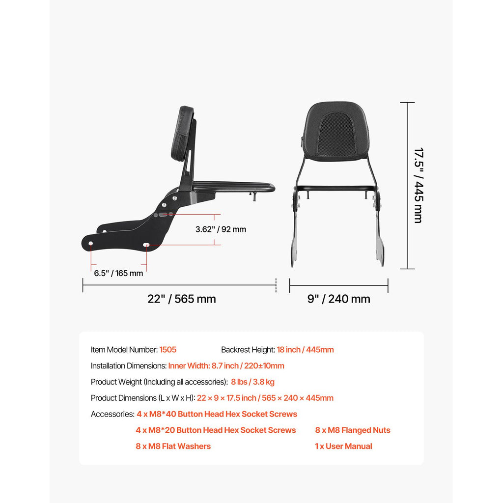 Motorcycle Backrest Sissy Bar with Luggage Rack for Honda Rebel 2017-2022