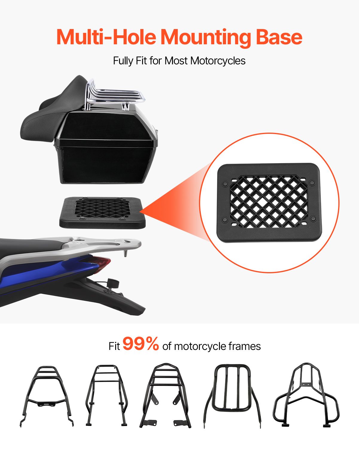 Motorcycle Top Case, Universal Durable PP Material Motorbike Tail Box with Reflective Panel, 48L Waterproof Detachable Motorcycle Top Box with Multi-Hole Base, Fit for 99% of Motorcycle Frames