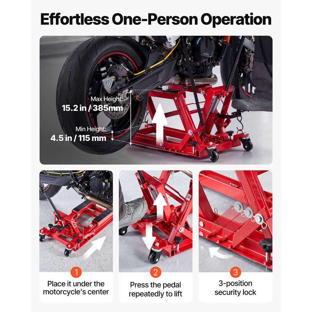 Hydraulic Motorcycle Lift Jack, 680 kg Capacity, ATV Lift Jack Portable Motorcycle Hoist Stand with 4 Wheels, 115-385 mm Height Range, Hydraulic Foot-Operated Hoist Stand for ATVs, Dirt Bikes