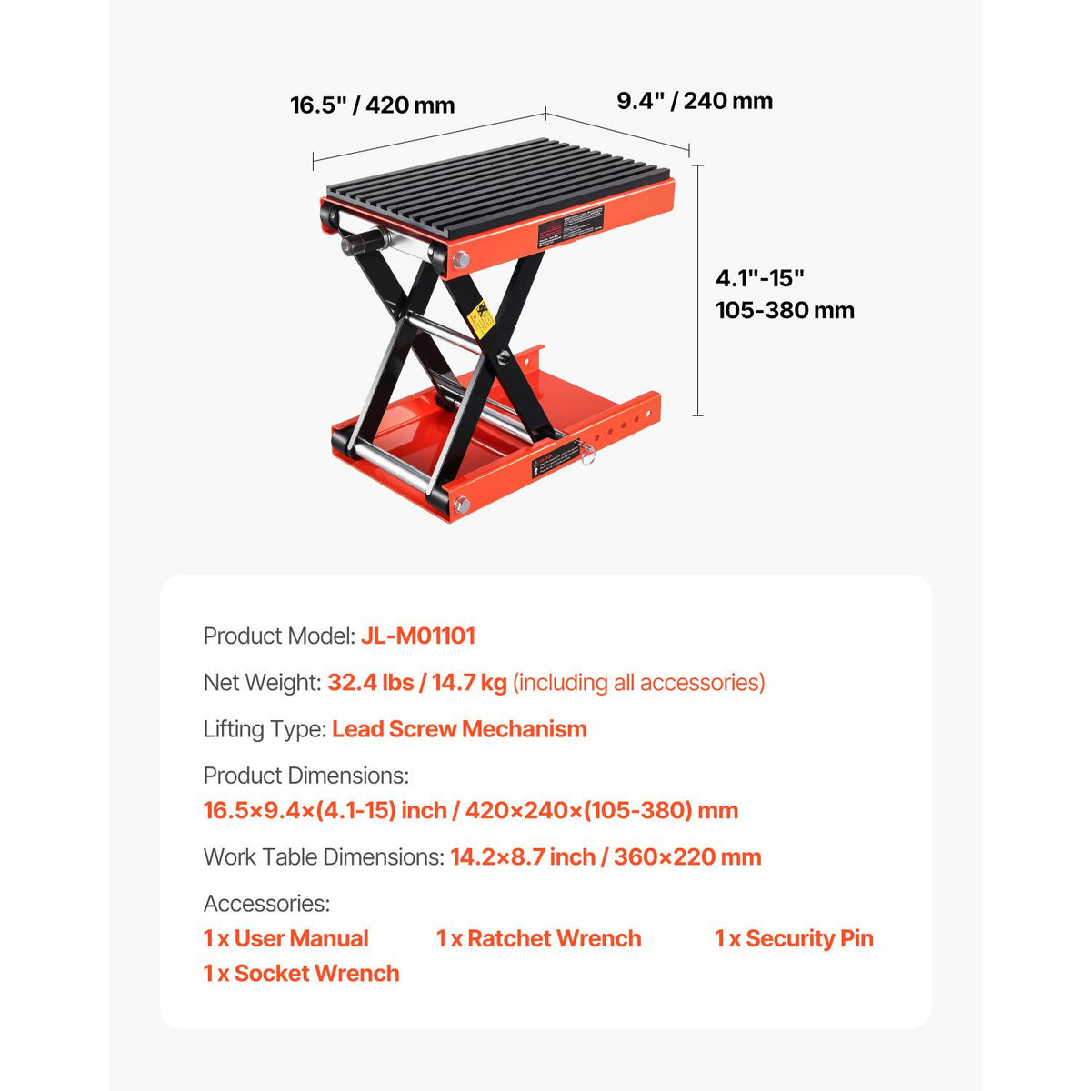 Motorcycle Lift, 1200lbs Weight Capacity, Wide Deck Motorcycle Scissor Jack, 4.1-15 in Height Range, Heavy Duty Steel Bike Repair Center Stand with Ratchet and Crank for ATVs, Dirt Bikes