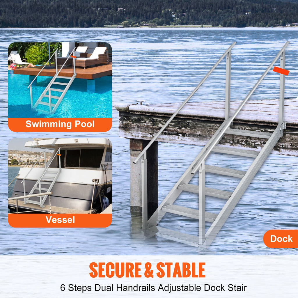 Dock Ladder, 1.09 m-1.29 m Adjustable Height, 227 kg Load Capacity, Aluminum Alloy 6 Steps Pontoon Boat Ladder with Dual Handrails & Nonslip Mat, Ideal for Ship/Lake/Pool/Marine Boarding