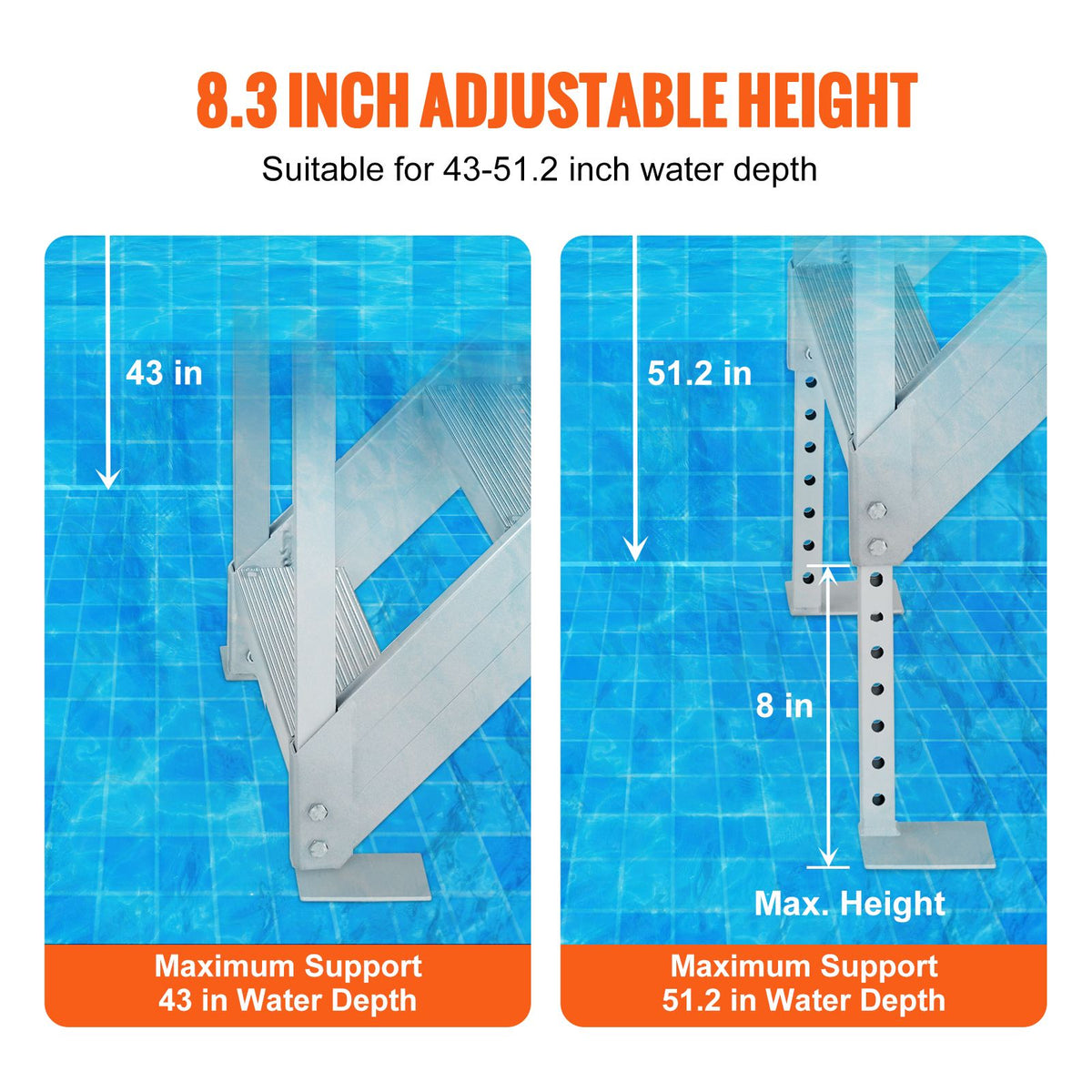 Dock Ladder, 1.09 m-1.29 m Adjustable Height, 227 kg Load Capacity, Aluminum Alloy 6 Steps Pontoon Boat Ladder with Dual Handrails & Nonslip Mat, Ideal for Ship/Lake/Pool/Marine Boarding