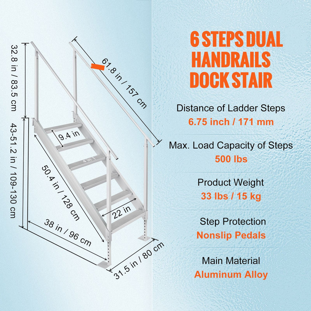 Dock Ladder, 1.09 m-1.29 m Adjustable Height, 227 kg Load Capacity, Aluminum Alloy 6 Steps Pontoon Boat Ladder with Dual Handrails & Nonslip Mat, Ideal for Ship/Lake/Pool/Marine Boarding