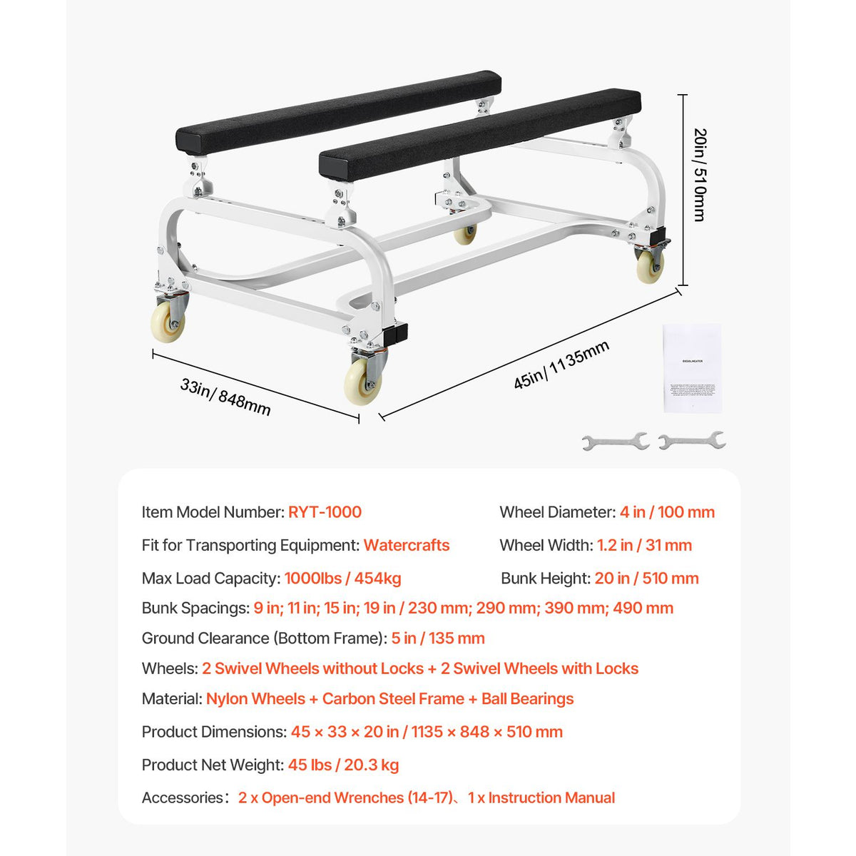 Watercraft PWC Dolly Boat 454 kg Capacity Jet Ski Stand Storage Cart