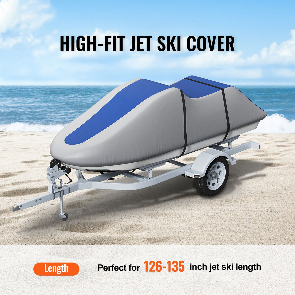 Jet Ski Cover 320-342 cm Trailerable Waterproof PWC Cover, Heavy-duty 600D Marine Grade PU Oxford Fabric, UV Resistant Seadoo Cover with Buckle Straps, Personal Watercraft Covers, Grey+Blue