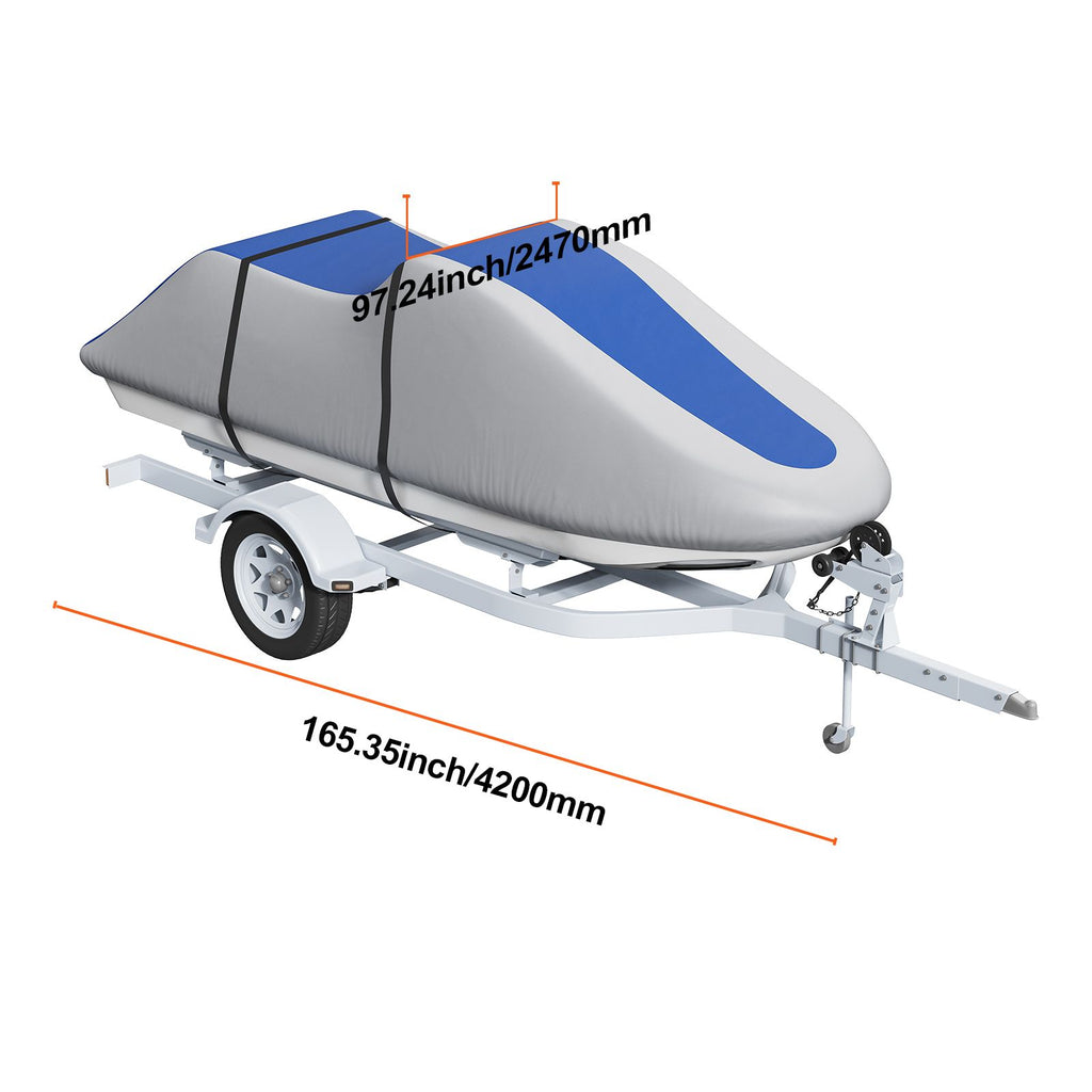 Jet Ski Cover 320-342 cm Trailerable Waterproof PWC Cover, Heavy-duty 600D Marine Grade PU Oxford Fabric, UV Resistant Seadoo Cover with Buckle Straps, Personal Watercraft Covers, Grey+Blue