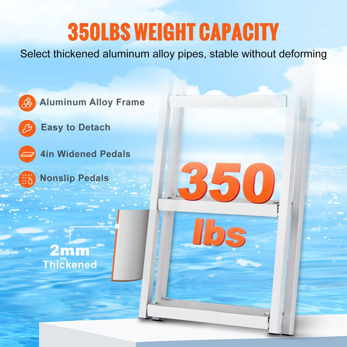 Removable Dock Ladder 5 Steps, 159 kg Load Capacity, Pontoon Boat Ladder with 4'' Wide Step & Nonslip Design for Ship/Lake/Pool/Marine Boarding