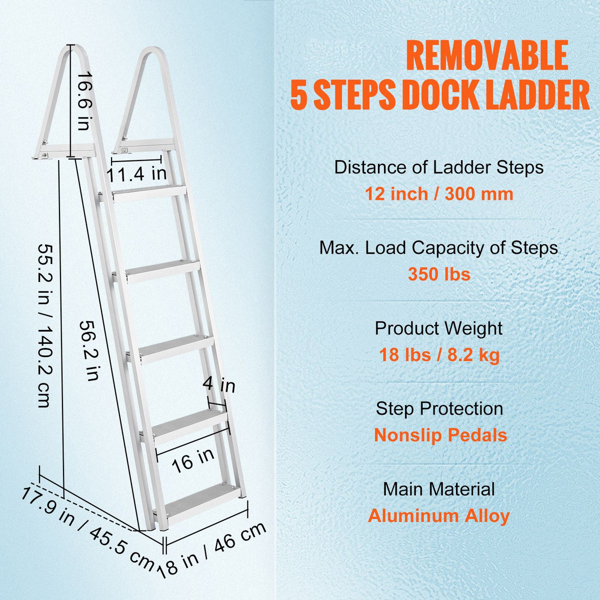 Removable Dock Ladder 5 Steps, 159 kg Load Capacity, Pontoon Boat Ladder with 4'' Wide Step & Nonslip Design for Ship/Lake/Pool/Marine Boarding