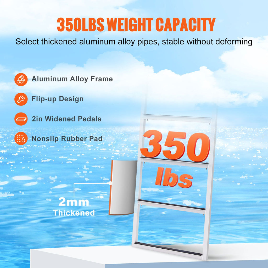 Dock Ladder, Flip-Up 5 Steps, 350 lbs Load Capacity, Aluminum Alloy Pontoon Boat Ladder with 2'' Wide Step & Nonslip Rubber Mat, Easy to Install for Ship/Lake/Pool/Marine Boarding