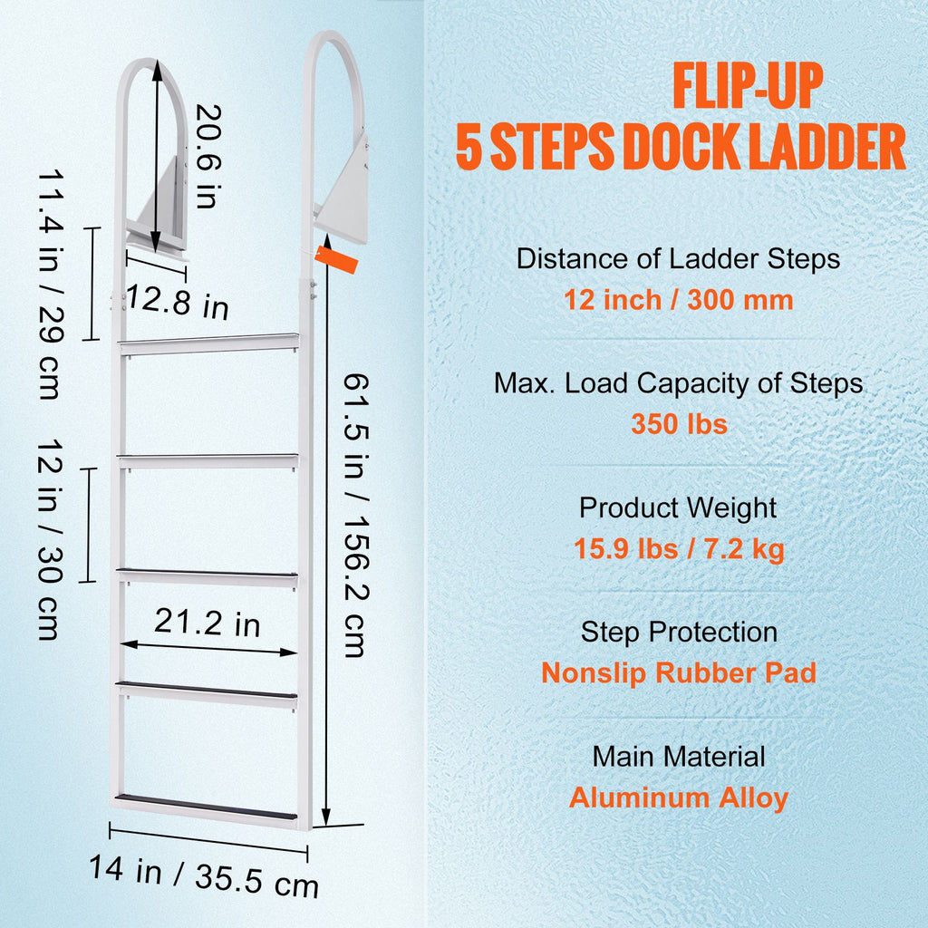 Dock Ladder, Flip-Up 5 Steps, 350 lbs Load Capacity, Aluminum Alloy Pontoon Boat Ladder with 2'' Wide Step & Nonslip Rubber Mat, Easy to Install for Ship/Lake/Pool/Marine Boarding
