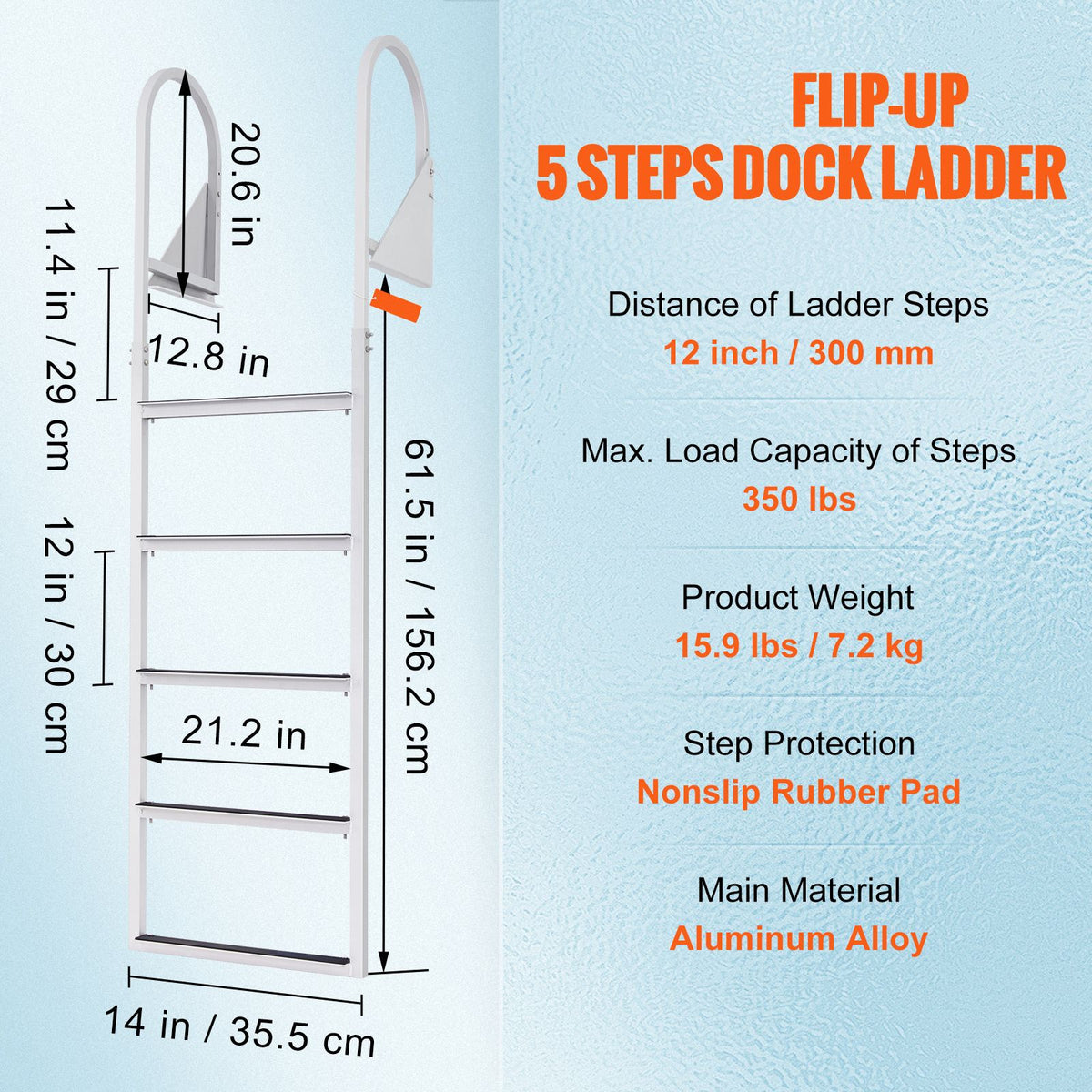 Dock Ladder, Flip-Up 5 Steps, 350 lbs Load Capacity, Aluminum Alloy Pontoon Boat Ladder with 2'' Wide Step & Nonslip Rubber Mat, Easy to Install for Ship/Lake/Pool/Marine Boarding