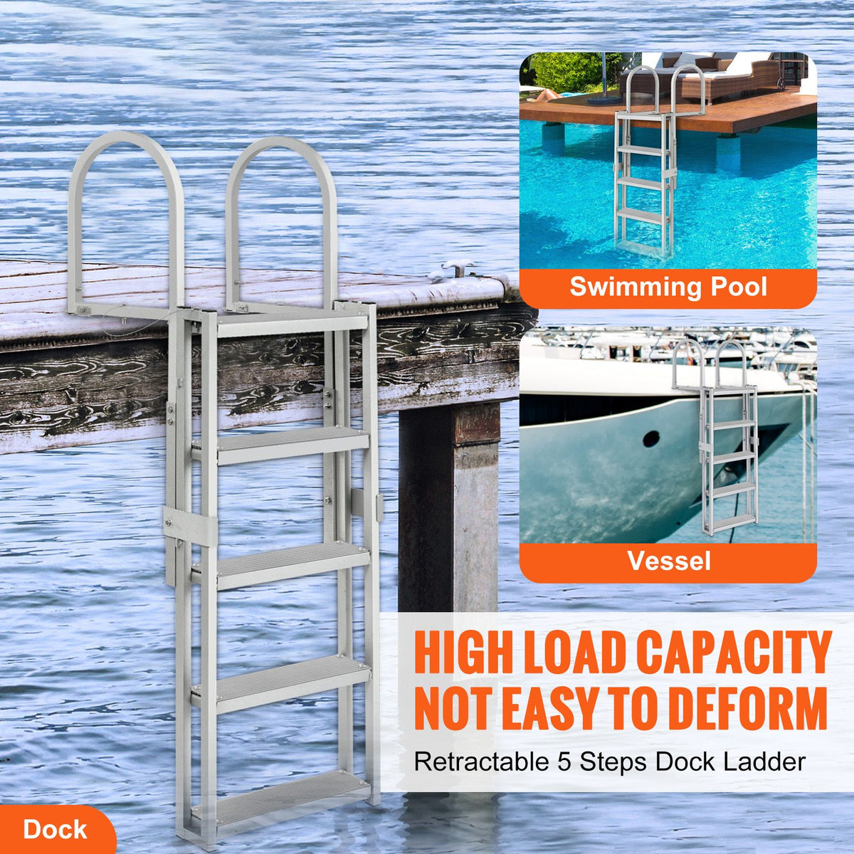Dock Ladder, Retractable 5 Steps, 350 lbs Load Capacity, Aluminum Alloy Pontoon Boat Ladder with 66.9''-78.9'' Adjustable Height, 4'' Wide Step & Mat, for Ship/Lake/Pool/Marine Boarding