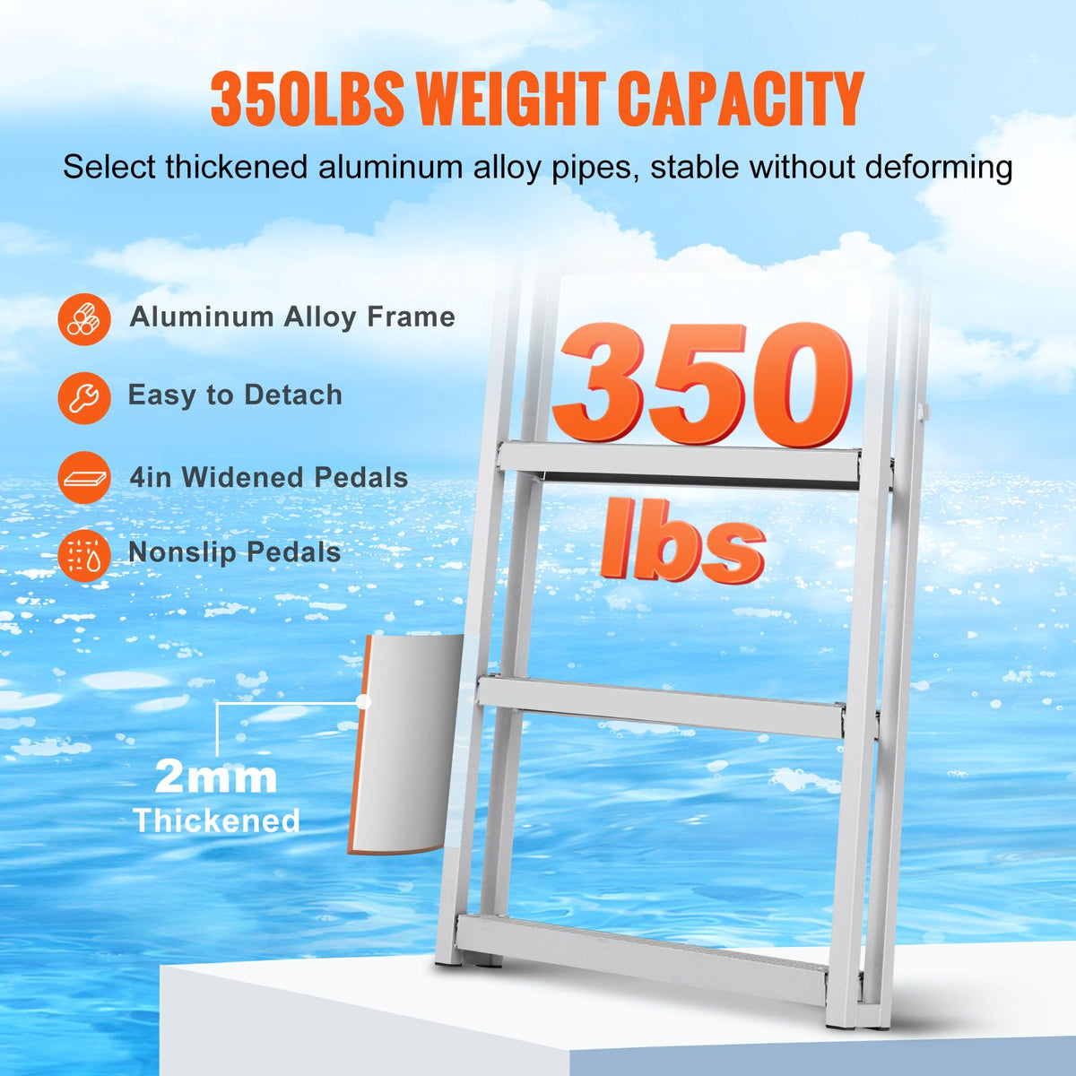 Dock Ladder, Retractable 5 Steps, 350 lbs Load Capacity, Aluminum Alloy Pontoon Boat Ladder with 66.9''-78.9'' Adjustable Height, 4'' Wide Step & Mat, for Ship/Lake/Pool/Marine Boarding