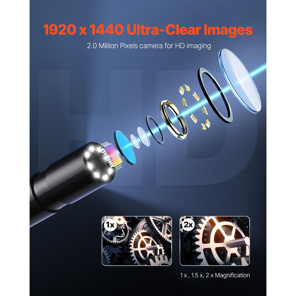 Endoscope Camera with Light, 1920P HD Borescope for Android & IOS, 8 LED Lights Inspection Camera with 5m Semi-Rigid Cable, 2X Zoom, IP67 Waterproof Snake Scope Camera for Auto, Plumbing