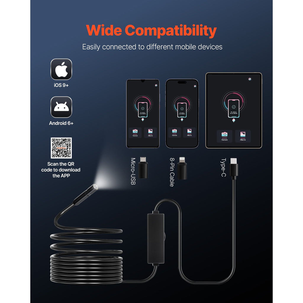 Endoscope Camera with Light, 1920P HD Borescope for Android & IOS, 8 LED Lights Inspection Camera with 5m Semi-Rigid Cable, 2X Zoom, IP67 Waterproof Snake Scope Camera for Auto, Plumbing