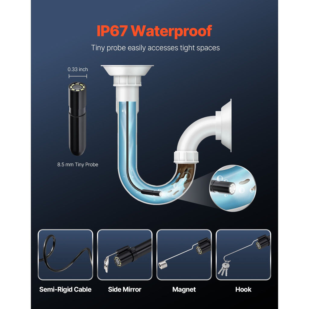 Endoscope Camera with Light, 1920P HD Borescope for Android & IOS, 8 LED Lights Inspection Camera with 5m Semi-Rigid Cable, 2X Zoom, IP67 Waterproof Snake Scope Camera for Auto, Plumbing