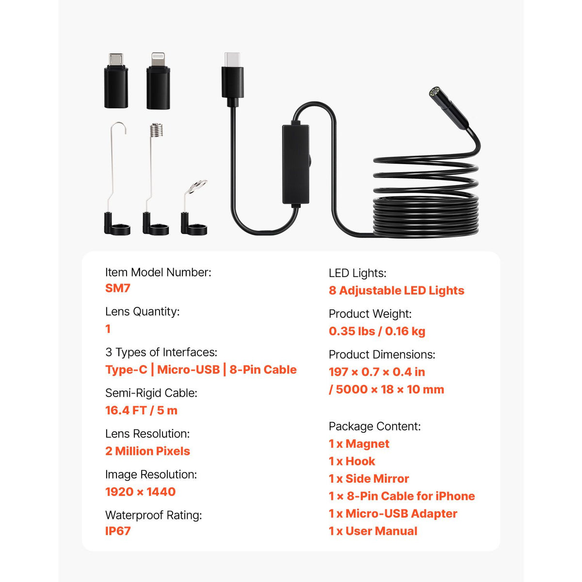 Endoscope Camera with Light, 1920P HD Borescope for Android & IOS, 8 LED Lights Inspection Camera with 5m Semi-Rigid Cable, 2X Zoom, IP67 Waterproof Snake Scope Camera for Auto, Plumbing