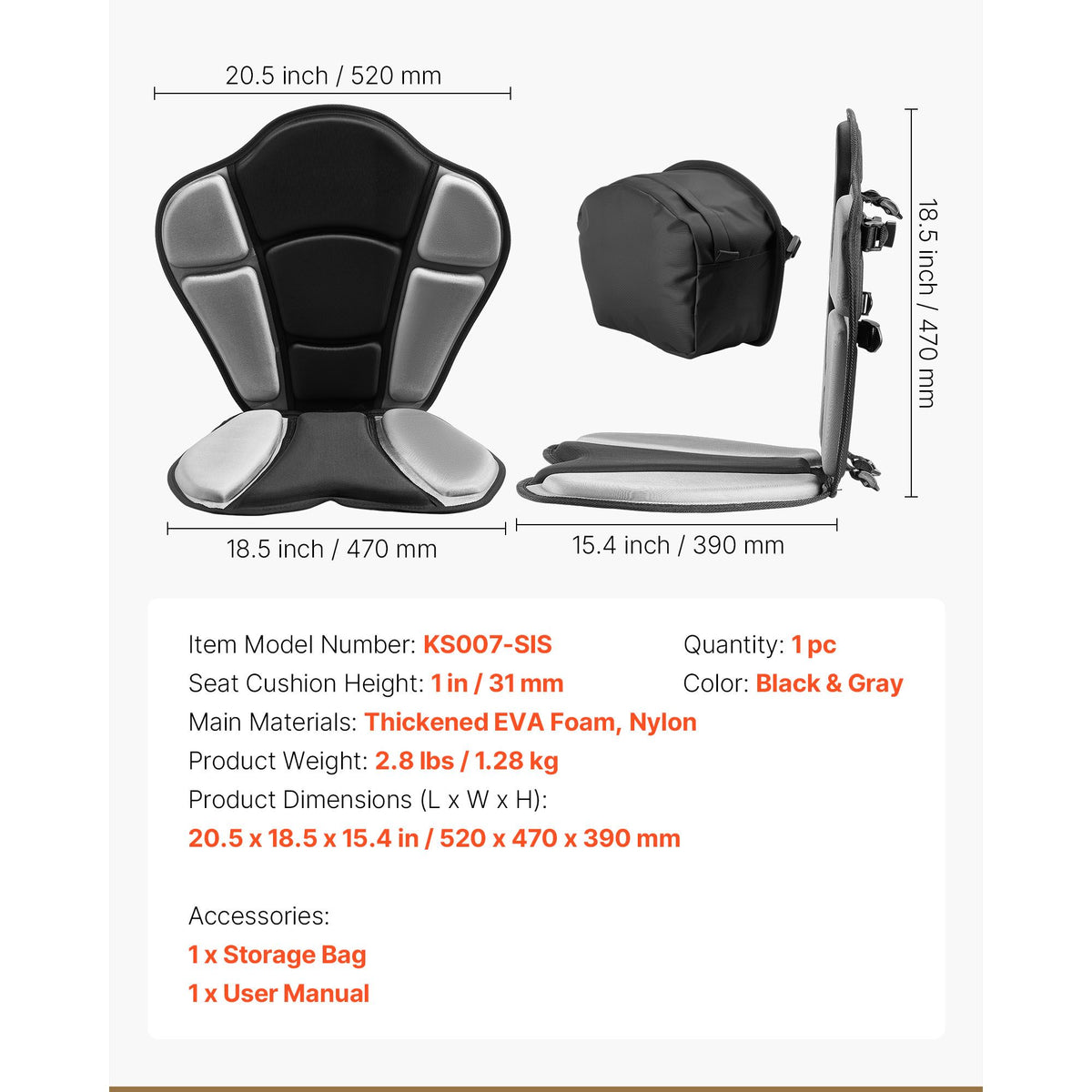 Kayak Seat, 1 Pack 31 mm Thick, Universal Paddle Board Seat with Back Support, Sit-on-Top Soft Padded Cushion with Storage Bag & Adjustable Straps for SUP, Fishing/Inflatable Kayak, Rowboat