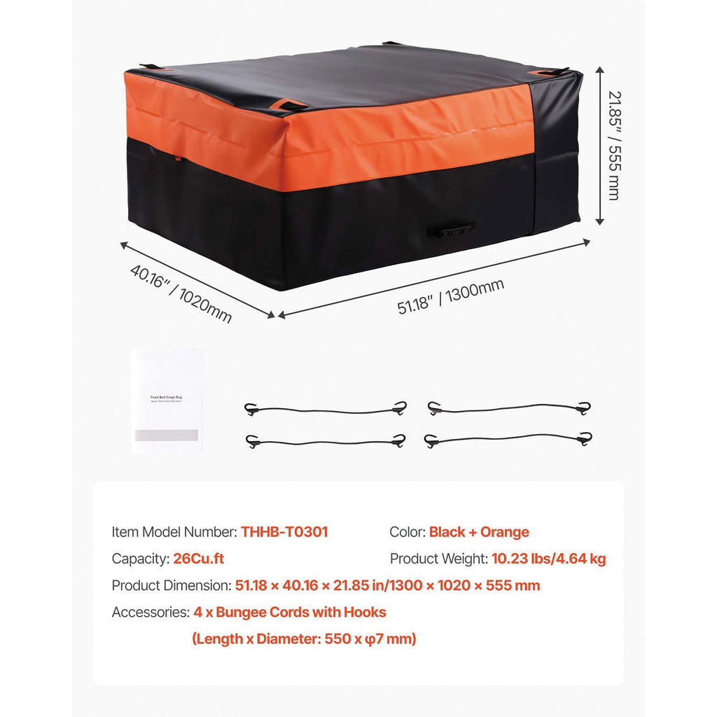 Truck Bed Cargo Bag, Waterproof 840D PVC, 130 x 102 x 55.5 cm (26 Cubic Feet), Heavy Duty Cargo Bag for Truck Bed with 4 Bungee Cords with Hooks, Fits a Variety of SUV and Pickup Trucks