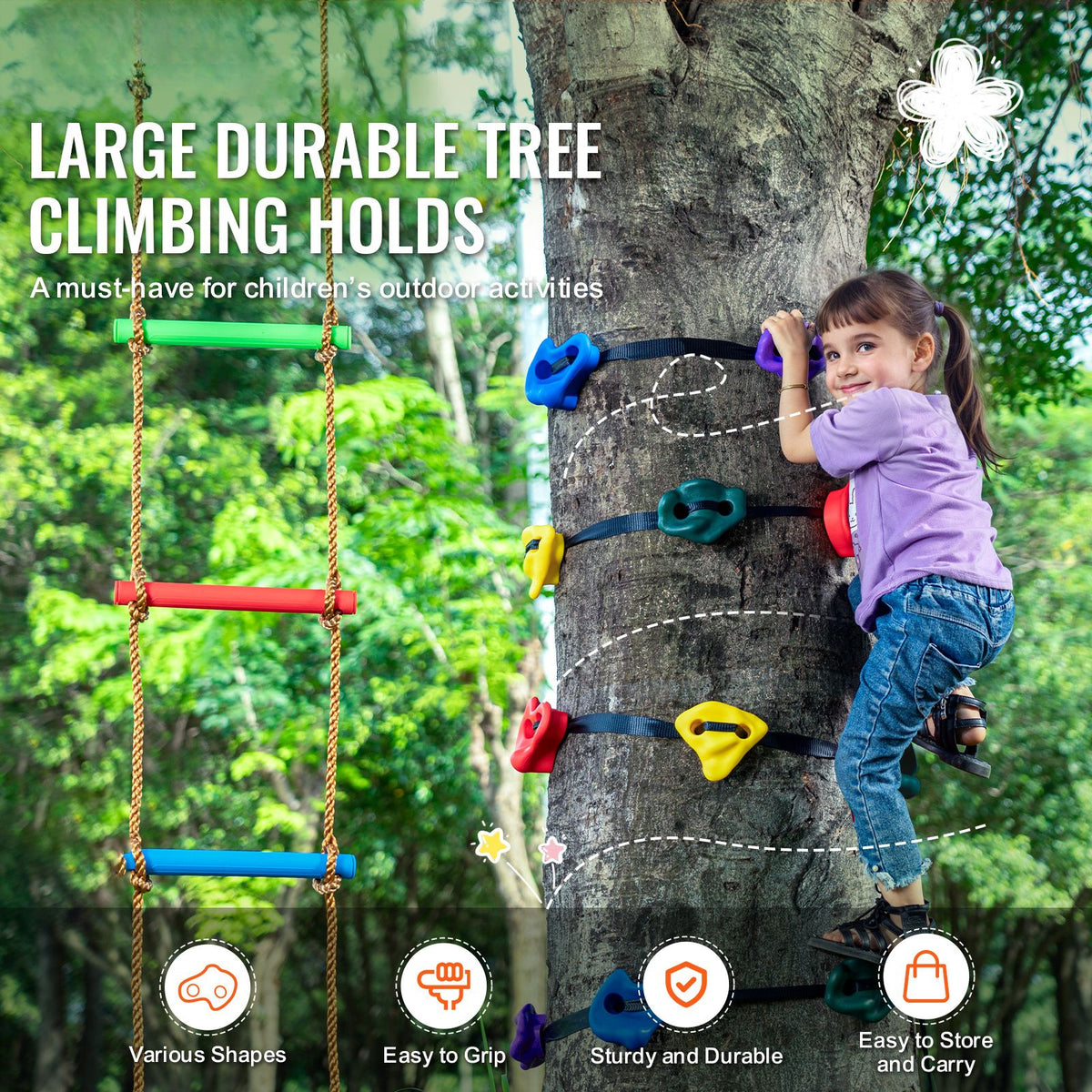 Ninja Tree Climbing Kit, 12 Tree Climbing Holds, 6 Ratchet Straps, and a Climbing Ladder, Climbing Rocks for Kids and Adults Climber, Various Colors and Shapes, for Outdoor Ninja Warrior
