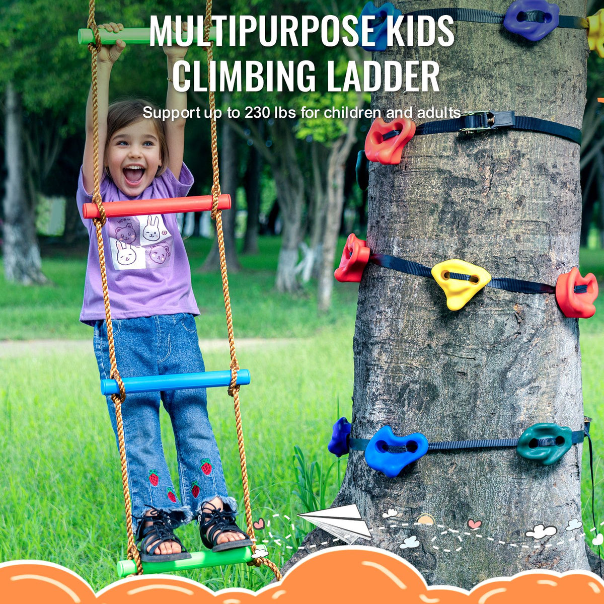 Ninja Tree Climbing Kit, 12 Tree Climbing Holds, 6 Ratchet Straps, and a Climbing Ladder, Climbing Rocks for Kids and Adults Climber, Various Colors and Shapes, for Outdoor Ninja Warrior