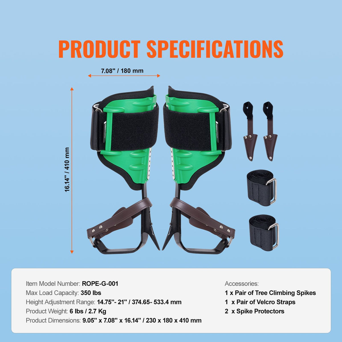 Tree Climbing Spikes, 1 Pair Alloy Steel Climbing Spurs, 350lbs Load Capacity Tree Climbing Gear with Straps and Spike Protectors, Arborist Equipment for Climbers, Hunting, Fruit Picking, Green