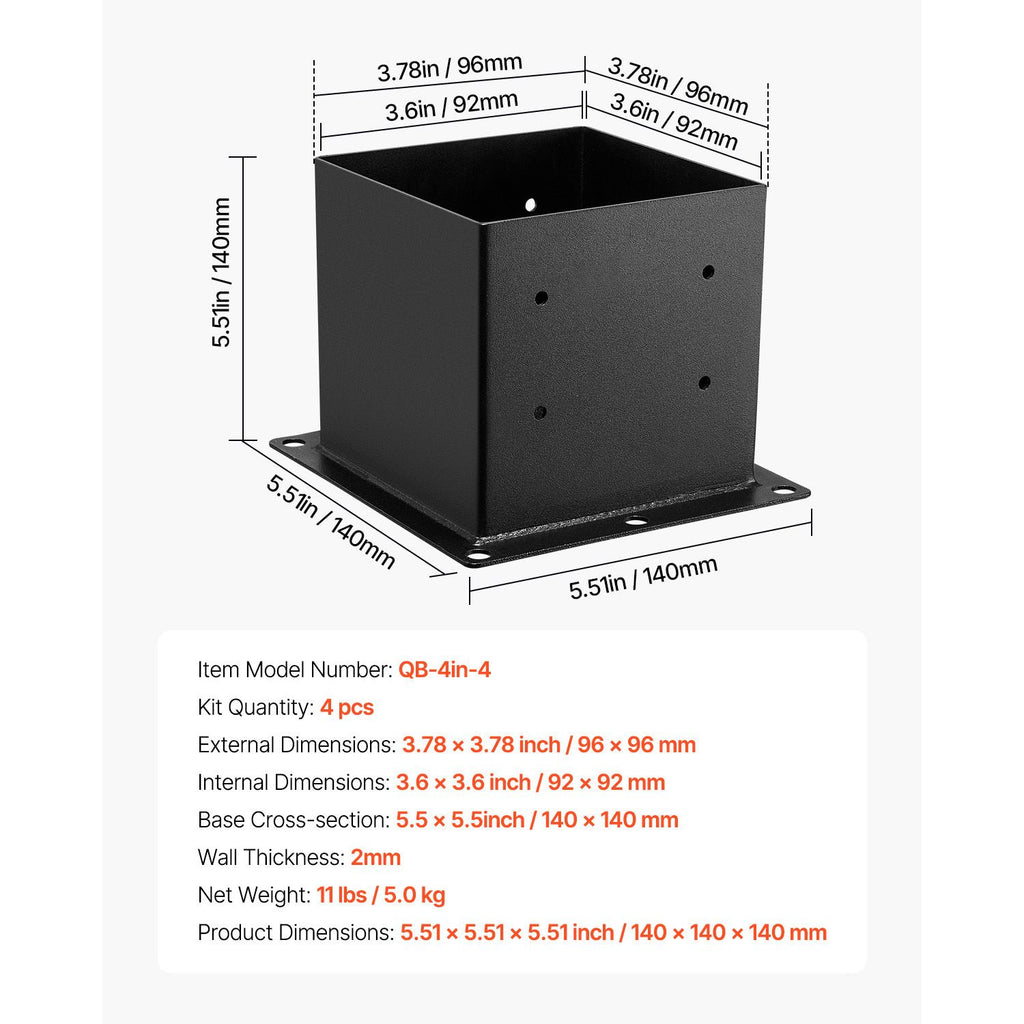 4x4 Post Base 4 Pcs, Inner Size 3.6x3.6 inch / 92x92 mm Post Brackets, Heavy Duty Carbon Steel Decking Posts, Wood Posts Brackets for Pavilion Deck Railing Support Deck Base Plate, Black