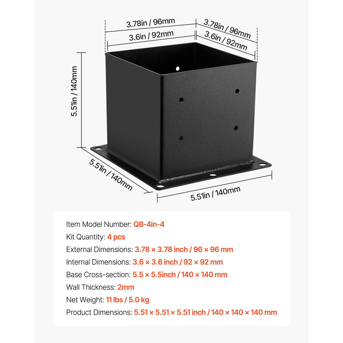 4x4 Post Base 4 Pcs, Inner Size 3.6x3.6 inch / 92x92 mm Post Brackets, Heavy Duty Carbon Steel Decking Posts, Wood Posts Brackets for Pavilion Deck Railing Support Deck Base Plate, Black