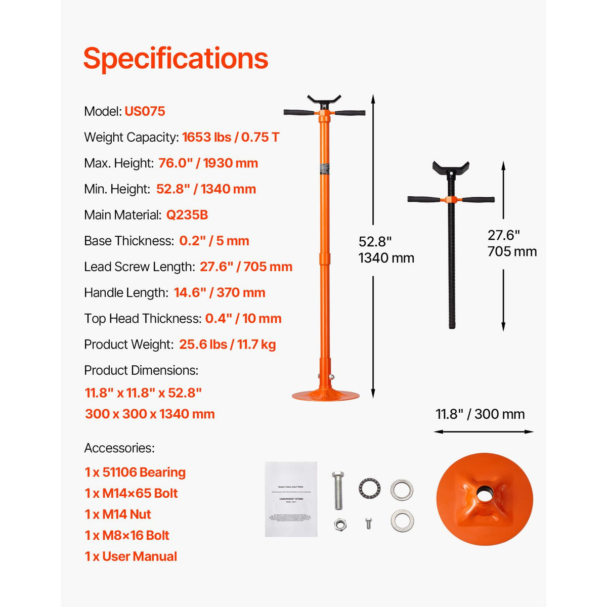 Underhoist Support Stand, 3/4 Ton Capacity Under Hoist Jack Stand, Lifting from 52.8 to 76 in, Self-Locking Threaded Screw, Bearing Mounted Spin Handle Pole Jack, Support Vehicle Components
