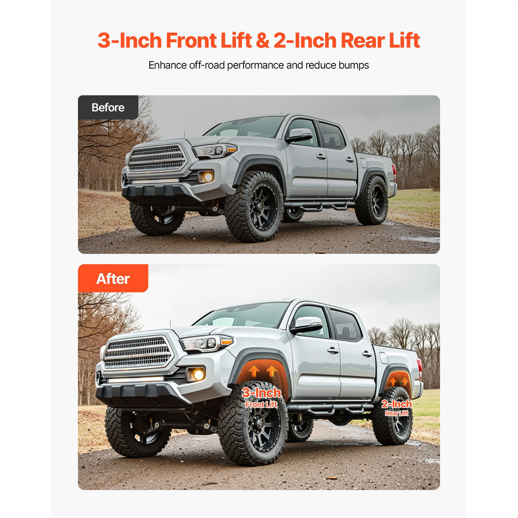 76.2 mm Front and 50.8 mm Rear Leveling Lift Kit for 2005-2021 2022 2023 Toyota Tacoma 2WD/4WD, Chassis Level Kit with 2 Front Strut Spacers, 2 Rear Lift Blocks, 4 U-Bolts, Suspension Level Kit